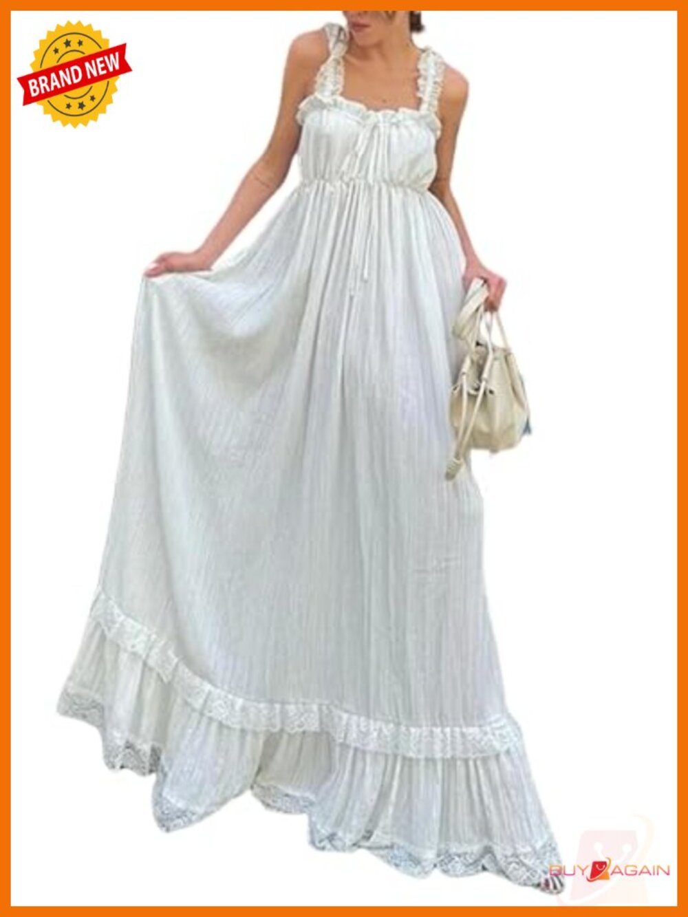 Women's Tiered Cami Maxi Dress Lace Trim Ruffle Flowy Sleeveless A-Line Sundress